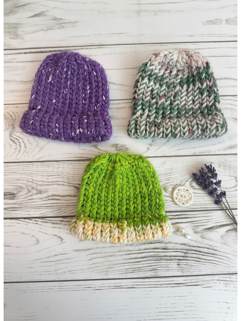 Hand Knit Baby Beanie Hats Lot of 3 Purple Green Multicolor Winter Infant